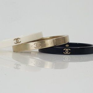 COPY - Chanel Triple Set Resin Metal Black White Gold Skinny 3 Bangle Bracelets